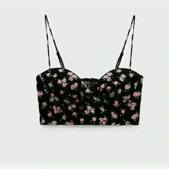 Zara Floral Bustier Corset Crop  Top Black Pink Size S - Picture 2 of 7